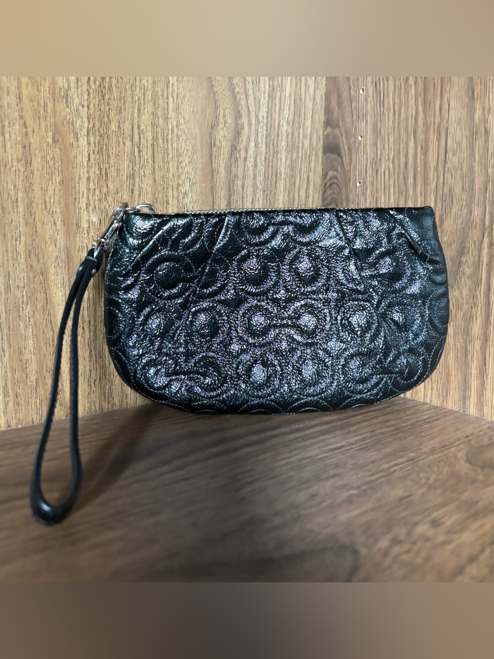 Coach Black Patent Leather Quilted Signature Wristlet Clutch